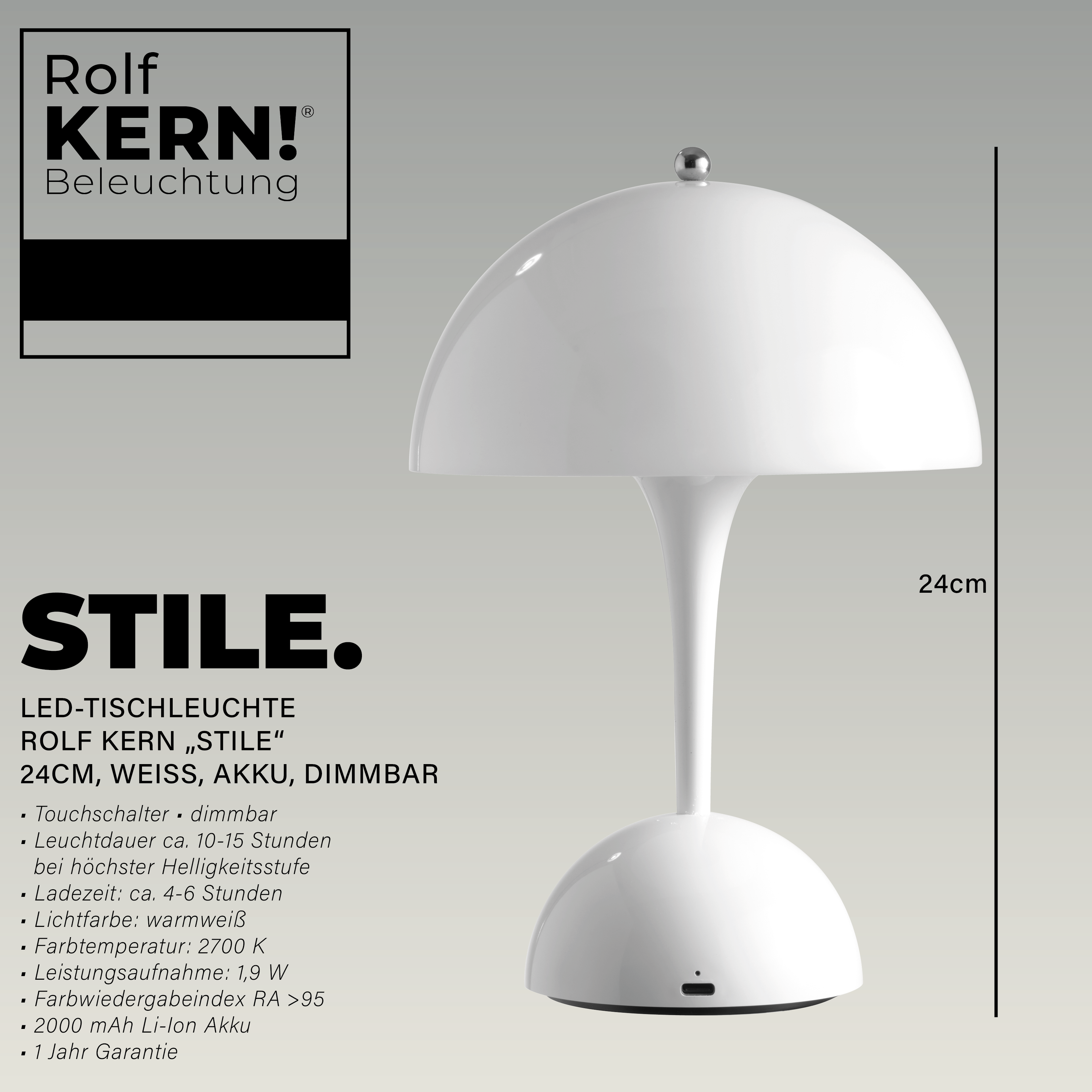 ROLF KERN LED Tischlampe | Stil 24cm | Akku Nachttischlampe, Schreibtischlampe Dimmbar, Warmweiß 2700K, Touch-Dimmer, IP44, kabellose Design Tischleuchte für Wohnzimmer, Büro, Balkon Terasse Outdoor