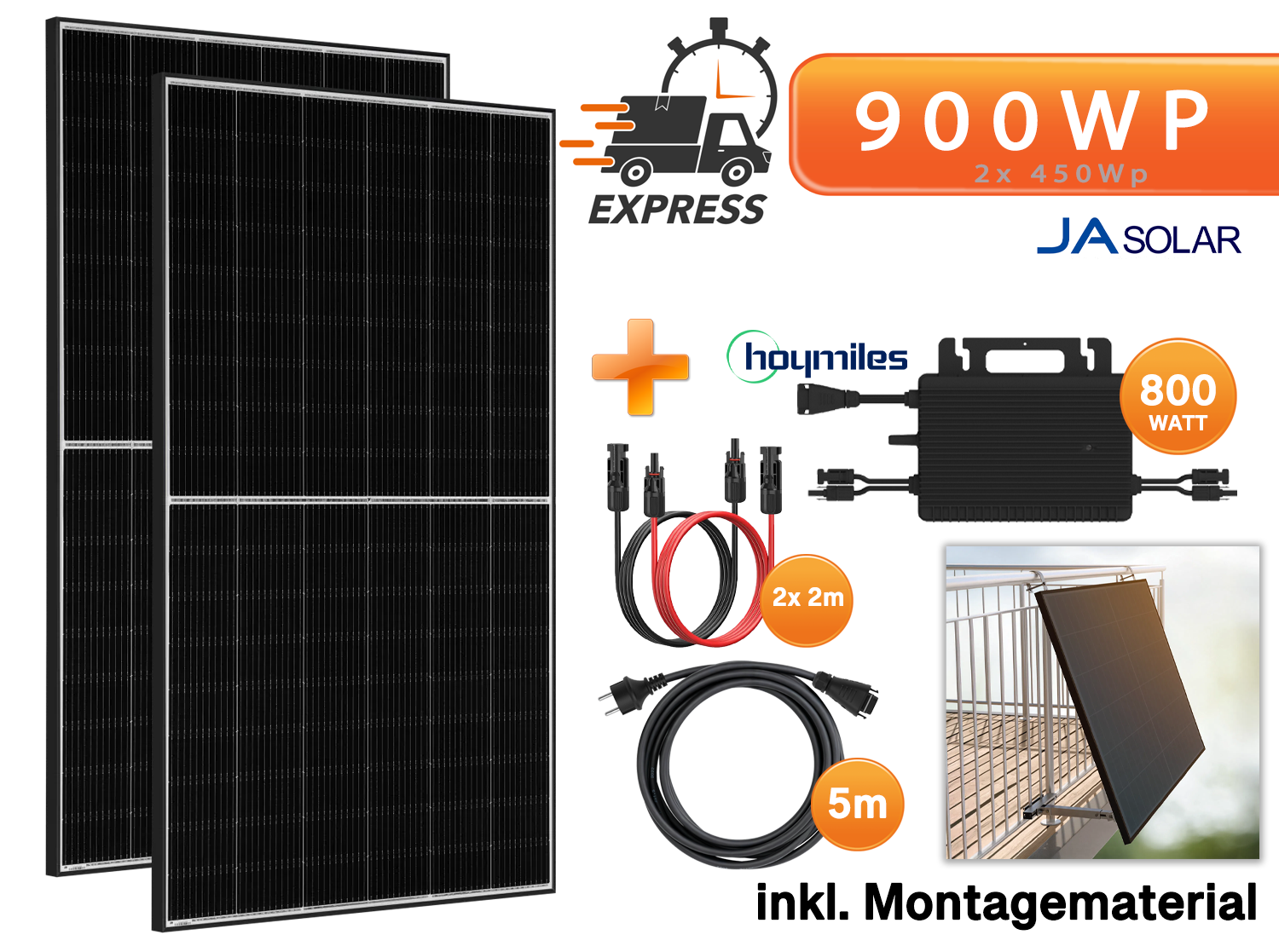 900Wp Balkonkraftwerk - 2x JaSolar 450W Black Frame bifazial & Hoymiles HMS-800W-2T Wechselrichter mit Balkonmontage