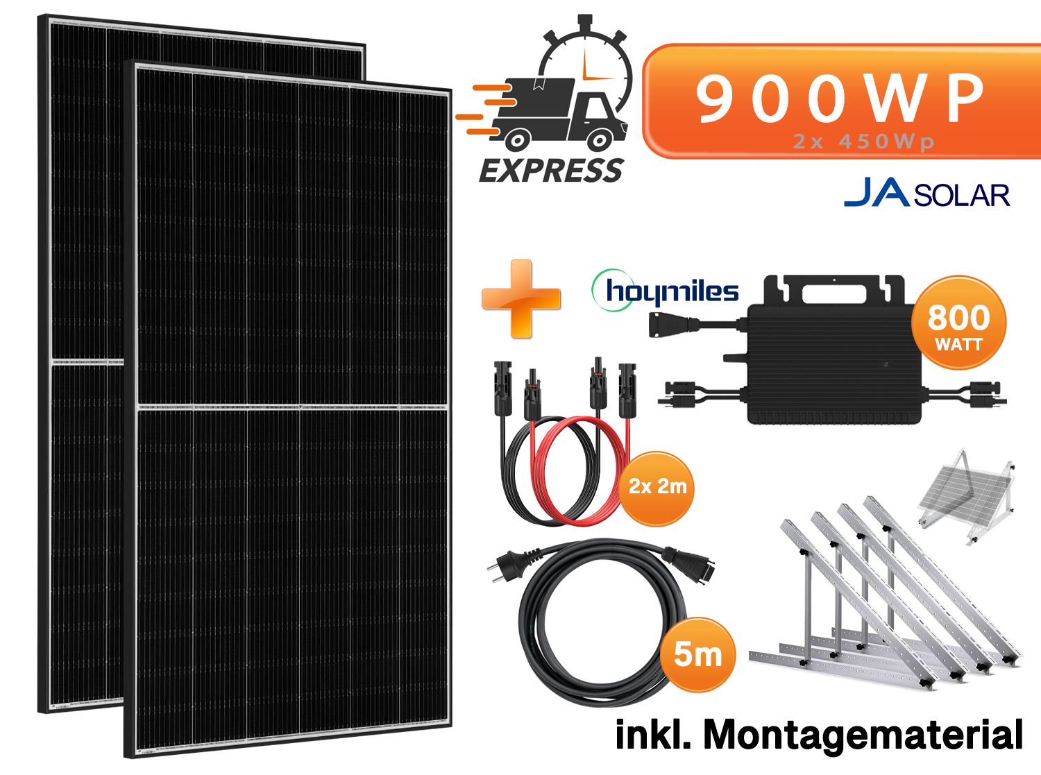 900Wp Balkonkraftwerk - 2x JaSolar 450W Black Frame bifazial & Hoymiles HMS-800W-2T Wechselrichter mit Flachdach / Wandmontage