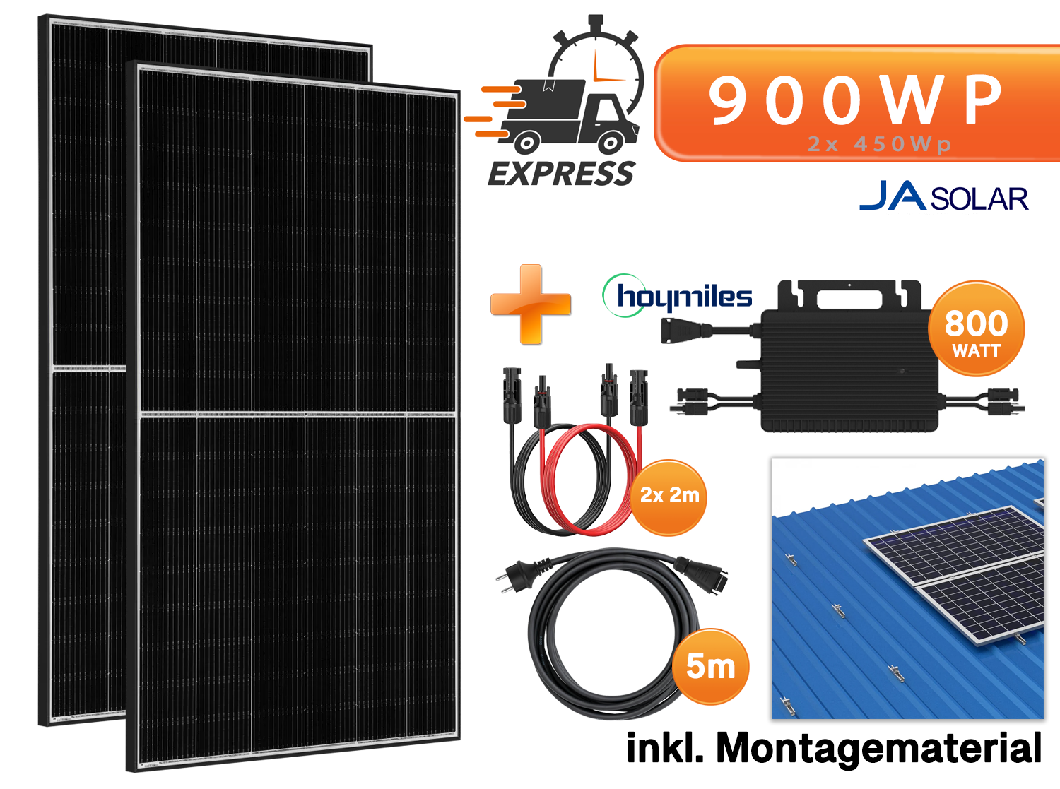 900Wp Balkonkraftwerk - 2x JaSolar 450W Black Frame bifazial & Hoymiles HMS-800W-2T Wechselrichter mit Flachdach / Trapezblechmontage