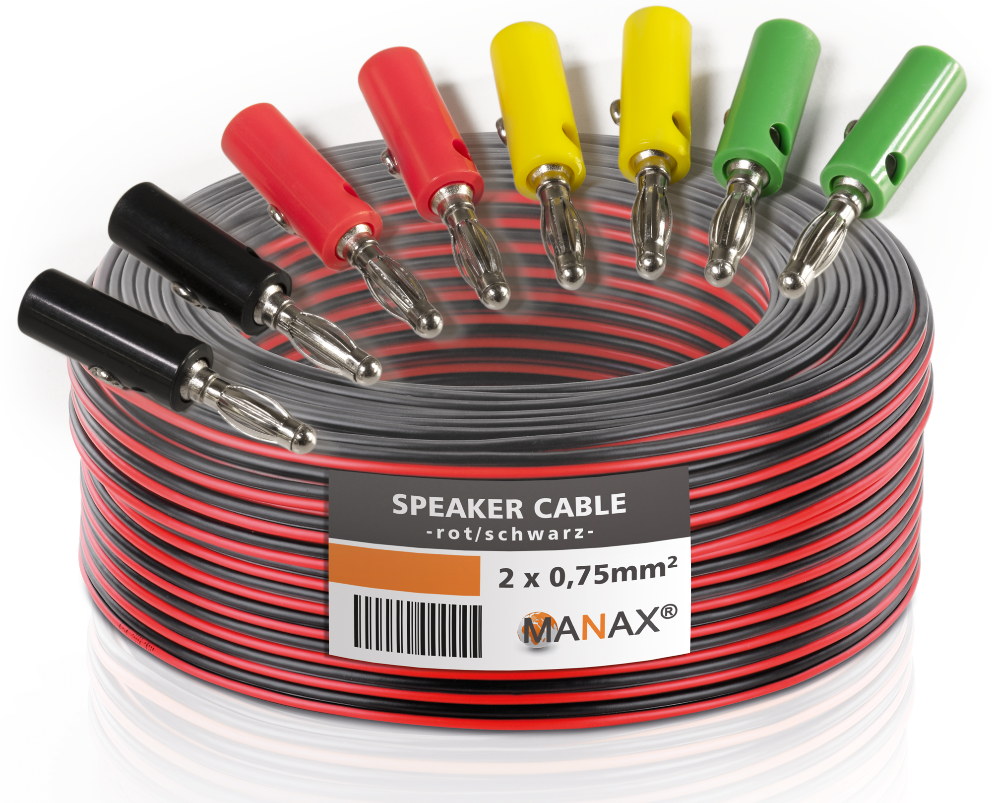 10m 2x0,75mm² Lautsprecherkabel CCA I Boxenkabel isoliert rot / schwarz I Set mit 8 Bananensteckern