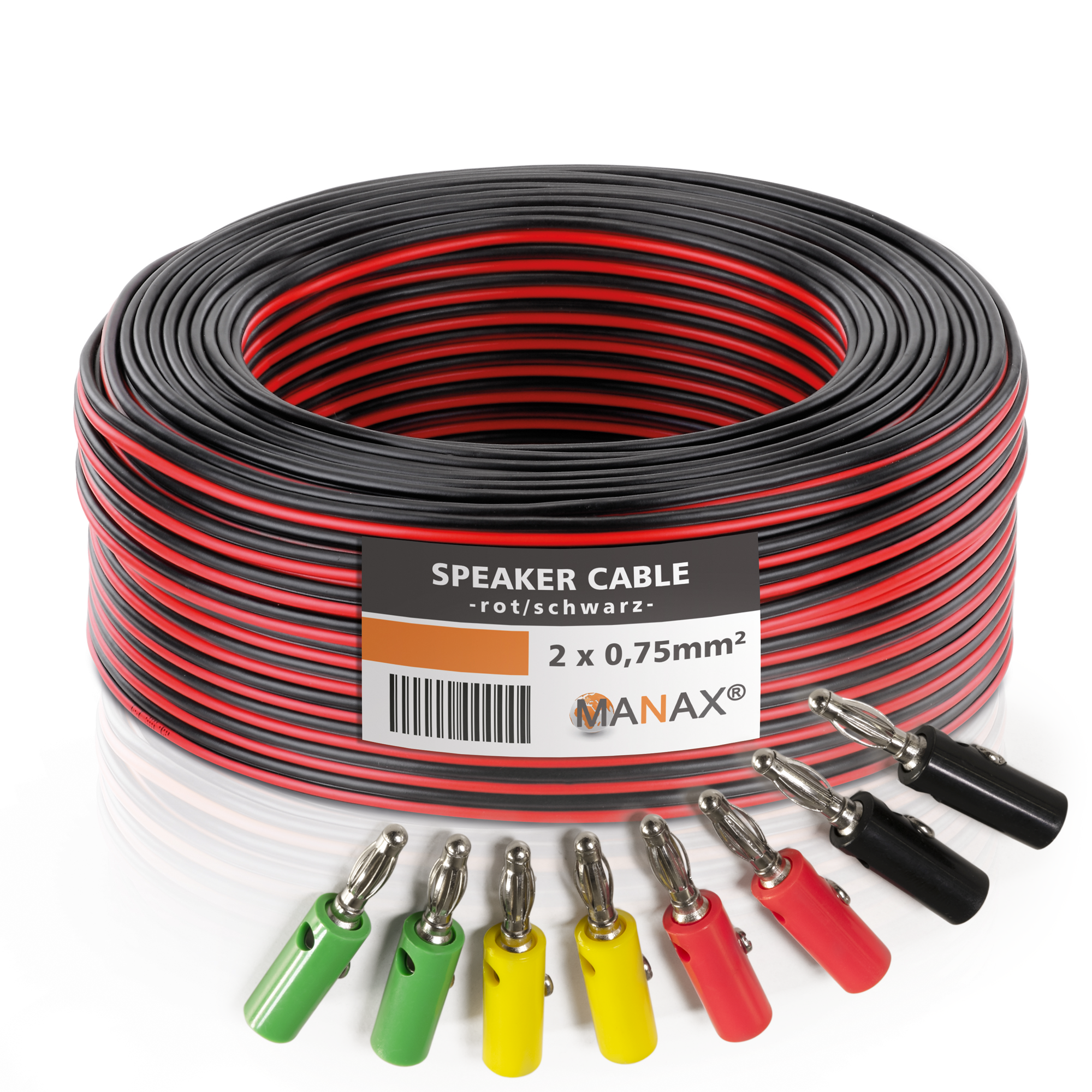 10m 2x0,75mm² Lautsprecherkabel CCA I Boxenkabel isoliert rot / schwarz I Set mit 8 Bananensteckern