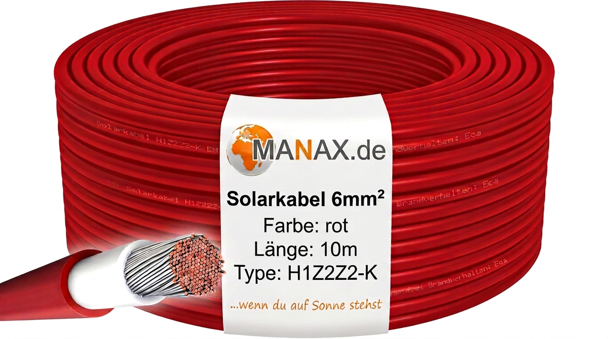 10m Solarkabel 6mm² H1Z2Z2-K Rot - UV-beständig, flexibel, Photovoltaik Kabel, PV Kabel, Solar Anschlusskabel für Solarpanel, Wechselrichter & Laderegler - langlebig