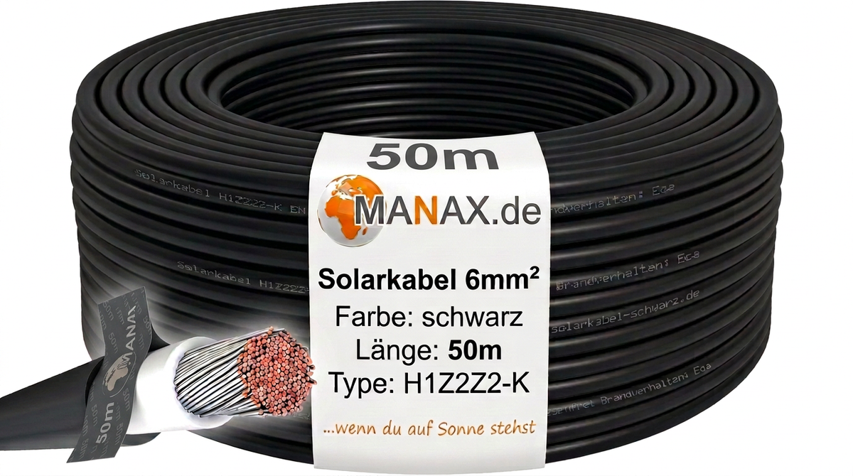 50m Solarkabel 6mm² H1Z2Z2-K Schwarz - UV-beständig, flexibel, Photovoltaik Kabel, PV Kabel, Solar Anschlusskabel für Solarpanel, Wechselrichter & Laderegler - langlebig