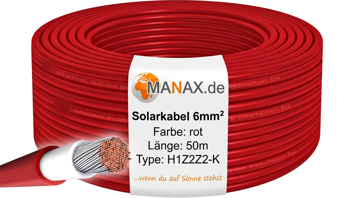 50m Solarkabel 6mm² H1Z2Z2-K Rot - UV-beständig, flexibel, Photovoltaik Kabel, PV Kabel, Solar Anschlusskabel für Solarpanel, Wechselrichter & Laderegler - langlebig