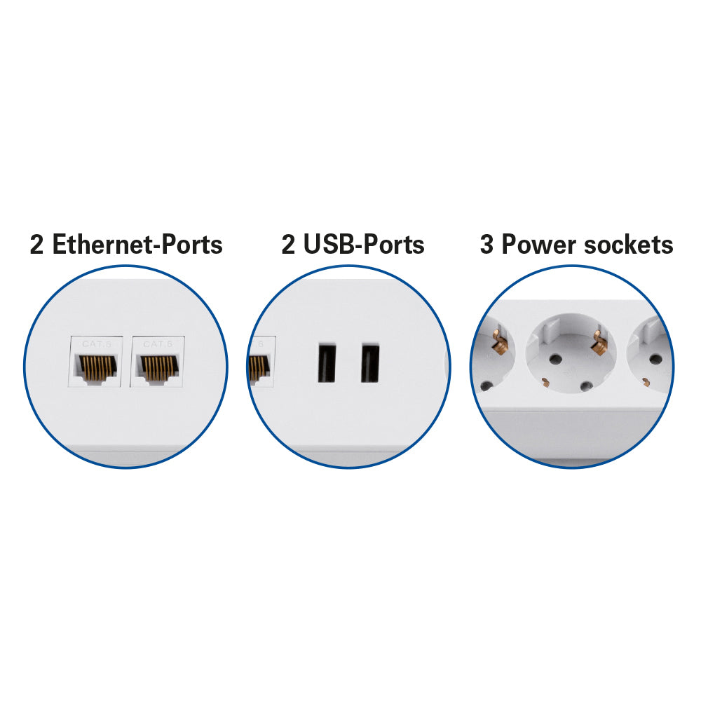 Tischsteckdose NV62L 3-Fach Schutzkontakt mit 2X USB und 2X LAN Anschluss, Mehrfachsteckdose für Zuhause mit Tischbefestigung, Knopf zum EIN- und Ausschalten, Steckdosenleiste mit 1,8m Kabel