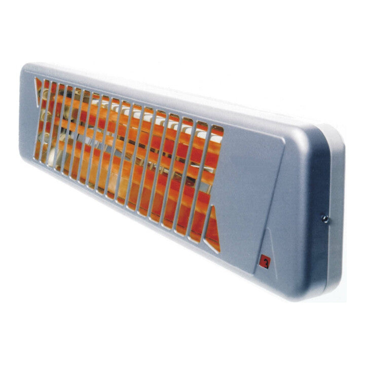 Quarzstrahler, Silber-Weiß, pulverbeschichtetes Metallgehäuse, Alu-Frontgitter, Quarzglas, schwenkbar, Zugschalter mit Schaltstufenanzeige, feuchtraumgeeignet, Spritzwasserschutz