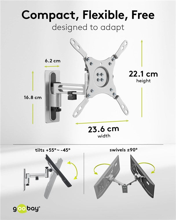 goobay Universal TV Wandhalter / schwenkbar, neigbar, ausziehbar bis 23,6cm / max. 15kg / 13-43 Zoll / bis VESA 200x200mm kompatibel / für Wohnmobile geeignet