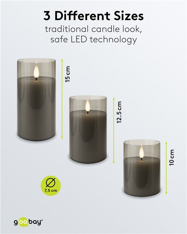 3er-Set LED Kerzen mit Timerfunktion - Echtwachs im Glas, Grau-Transparent, 3D-Docht, batteriebetrieben, warmweiß - Stilvolle LED Kerze für sichere Deko im Wohnzimmer oder Esszimmer