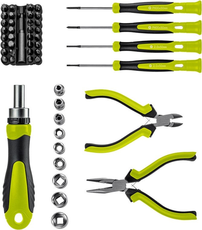 Handwerkzeug-Set 49-teilig mobiles Werkzeugset für Heimwerkerarbeiten und unterwegs-Schraubendreher, Bitsatz, Stecknüsse, Bithalter, Bitverlängerung, Seitenschneider, Spitzzange, Werkzeugkoffer