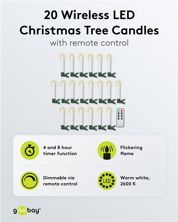LED Weihnachtsbaumkerzen mit Klemmen, Fernbedienung und Timerfunktion, Christbaumkerzen, Baumkerzen, warmweiß (2600 K), dimmbar, 20er Set