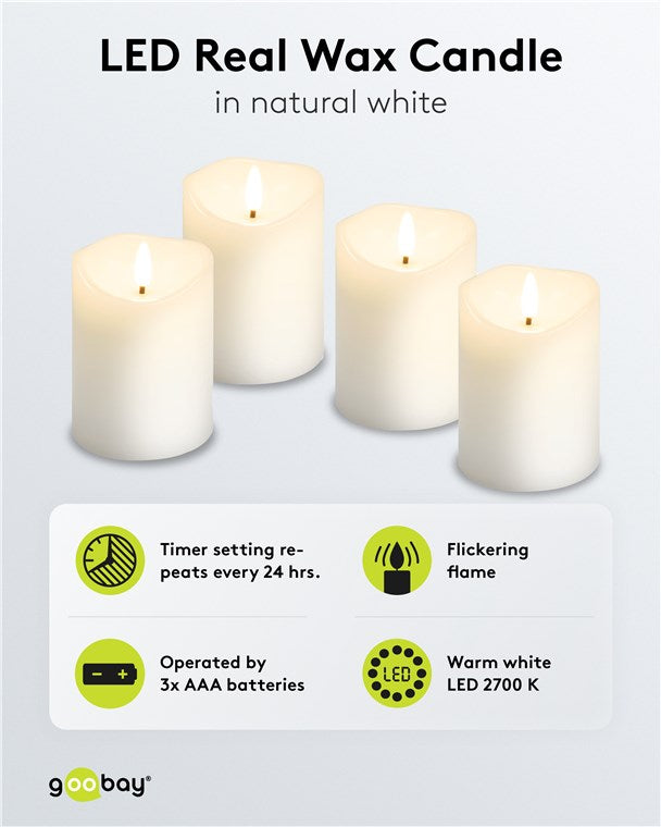 Leuchtende Kerzen mit Timerfunktion 4er-Set in weiß mit 3D-Docht & batteriebetrieben, elegante Dekokerzen für Wohnzimmer, Esszimmer und Adventszeit
