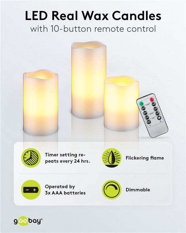 flammenlose Echtwachs LED-Kerzen 3er-Set mit realistischen Flammen, mit 10-Tasten Fernbedienung mit 2/4/6/8- Stunden Timer