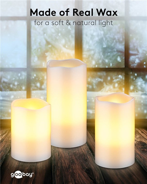 flammenlose Echtwachs LED-Kerzen 3er-Set mit realistischen Flammen, mit 10-Tasten Fernbedienung mit 2/4/6/8- Stunden Timer