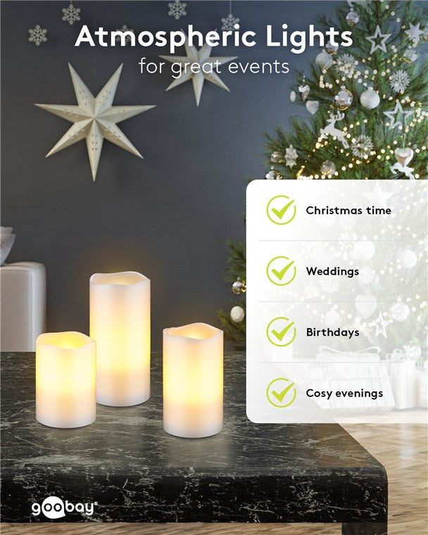 flammenlose Echtwachs LED-Kerzen 3er-Set mit realistischen Flammen, mit 10-Tasten Fernbedienung mit 2/4/6/8- Stunden Timer