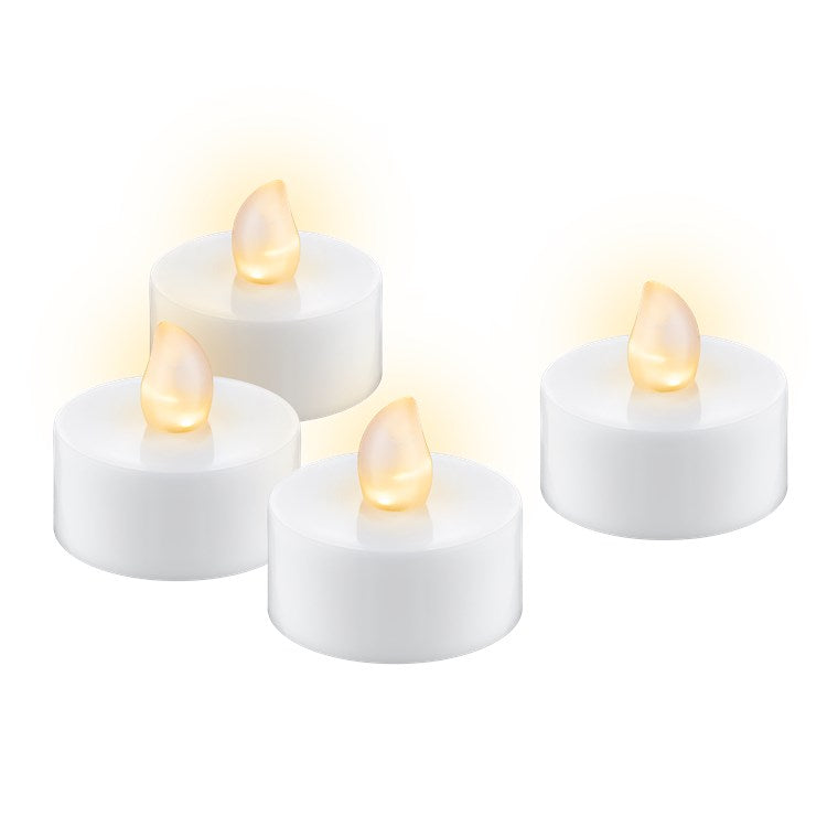 4er-Set LED-Teelichter mit Timerfunktion, warmweiß (2500 K), flackernde Flamme, Hochzeiten, Adventszeit oder Dinnerdeko, batteriebetrieben, weiß, inklusive 4x CR2032-Knopfzellen