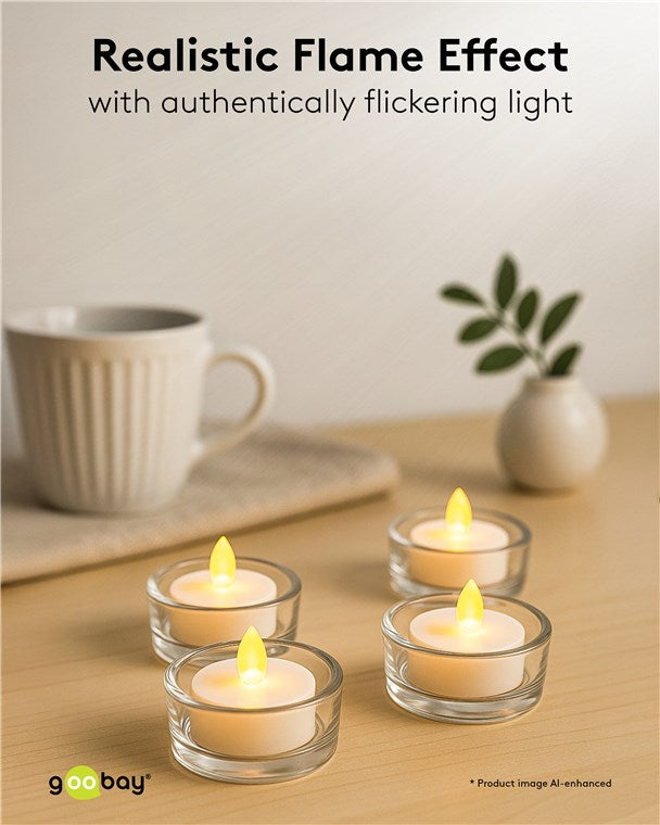 4er-Set LED-Teelichter mit Timerfunktion, warmweiß (2500 K), flackernde Flamme, Hochzeiten, Adventszeit oder Dinnerdeko, batteriebetrieben, weiß, inklusive 4x CR2032-Knopfzellen