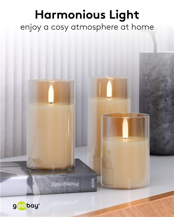 3er-Set LED Kerzen mit Timerfunktion - Echtwachs Im Glas, Gold-Transparent, 3D-Docht, batteriebetrieben, warmweiß - Stilvolle LED Kerze für sichere Deko im Wohnzimmer oder Esszimmer