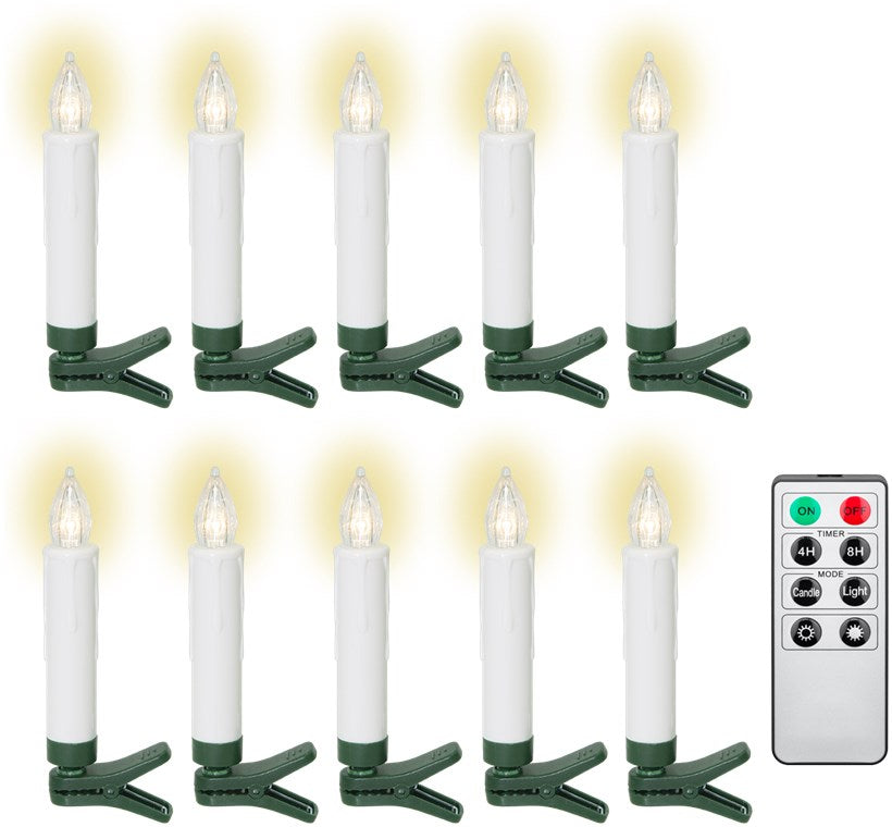 Kabellose LED Weihnachtsbaumkerzen mit Klemmen, Fernbedienung und Timerfunktion, Christbaumkerzen, Baumkerzen, warmweiß (2600 K), dimmbar, 10er Set