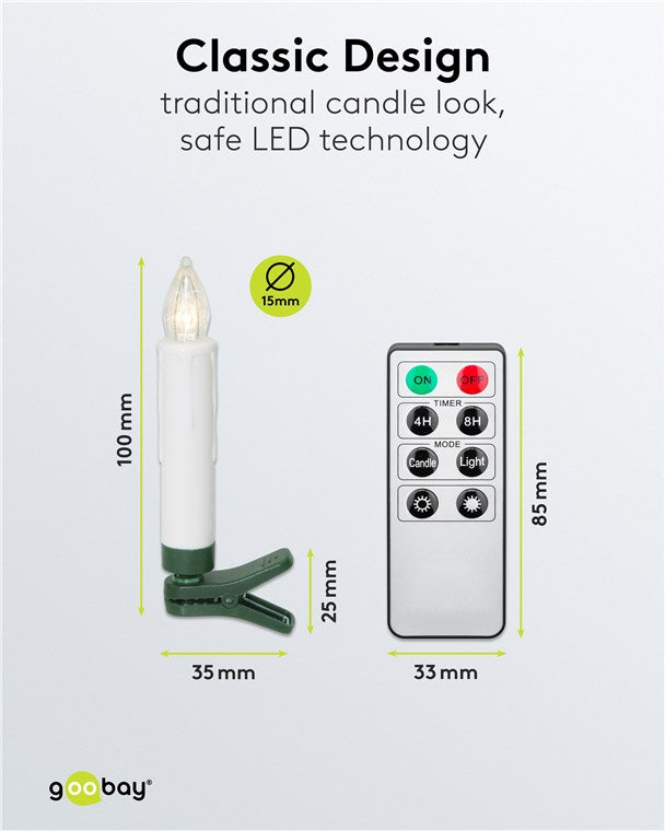 Kabellose LED Weihnachtsbaumkerzen mit Klemmen, Fernbedienung und Timerfunktion, Christbaumkerzen, Baumkerzen, warmweiß (2600 K), dimmbar, 10er Set