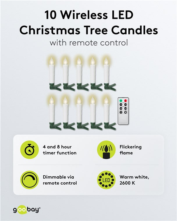 Kabellose LED Weihnachtsbaumkerzen mit Klemmen, Fernbedienung und Timerfunktion, Christbaumkerzen, Baumkerzen, warmweiß (2600 K), dimmbar, 10er Set