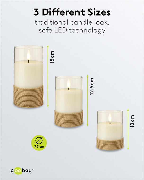 3er-Set LED-Kerzen im Glas, Weiß, mit Timerfunktion und 3D-Docht - im Hanf umwickelten Glas LED Kerzen für Stilvolle Dekoration, Batteriebetrieben