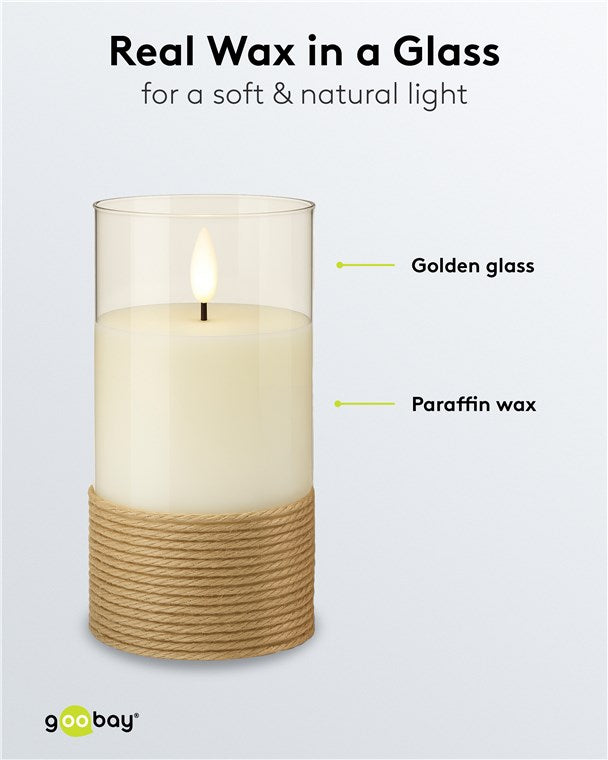 3er-Set LED-Kerzen im Glas, Weiß, mit Timerfunktion und 3D-Docht - im Hanf umwickelten Glas LED Kerzen für Stilvolle Dekoration, Batteriebetrieben