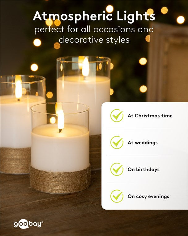 3er-Set LED-Kerzen im Glas, Weiß, mit Timerfunktion und 3D-Docht - im Hanf umwickelten Glas LED Kerzen für Stilvolle Dekoration, Batteriebetrieben