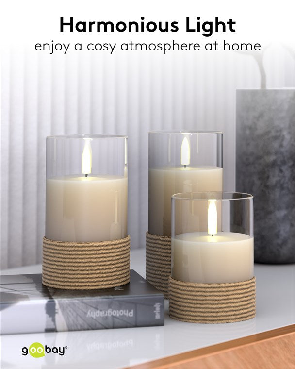 3er-Set LED-Kerzen im Glas, Weiß, mit Timerfunktion und 3D-Docht - im Hanf umwickelten Glas LED Kerzen für Stilvolle Dekoration, Batteriebetrieben