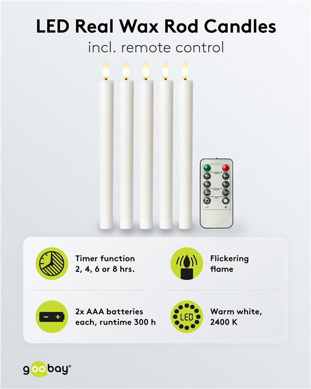 5er-Set LED-Stabkerzen aus Echtwachs, weiß – inkl. Fernbedienung, Timerfunktion & flackernder 3D-Flamme, batteriebetrieben, dimmbar, warmweiß (2400 K) - elektrische Kerzen, sicher & dekorativ
