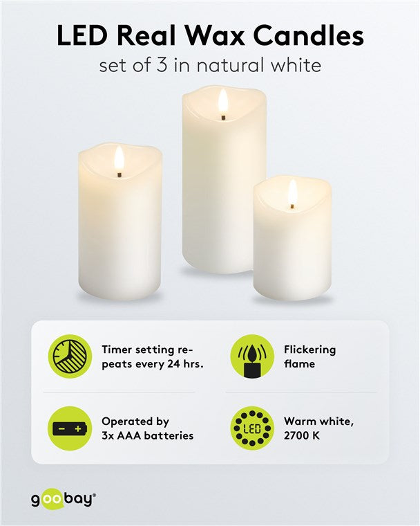 3er-Set LED-Kerzen mit Timerfunktion – weiß, batteriebetrieben, 3D-Docht, warmweiß (2700 K), stilvolle LED-Kerzen für Wohnzimmer, Esszimmer, Adventszeit, Tischdeko – sicher und elegant