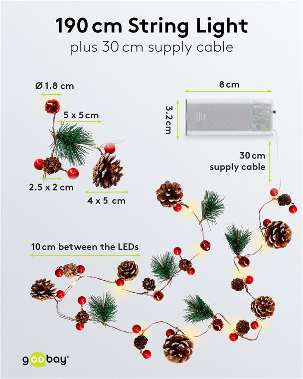goobay 20er LED-Silberdraht-Lichterkette / Tannenzapfen & rote Beeren / Lichterkette mit Timerfunktion / Warmweiß (3000 K) / Batteriebetrieben, Braun, Grün, Rot, Ziegelrot