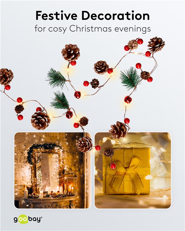 goobay 20er LED-Silberdraht-Lichterkette / Tannenzapfen & rote Beeren / Lichterkette mit Timerfunktion / Warmweiß (3000 K) / Batteriebetrieben, Braun, Grün, Rot, Ziegelrot