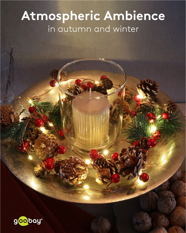 goobay 20er LED-Silberdraht-Lichterkette / Tannenzapfen & rote Beeren / Lichterkette mit Timerfunktion / Warmweiß (3000 K) / Batteriebetrieben, Braun, Grün, Rot, Ziegelrot