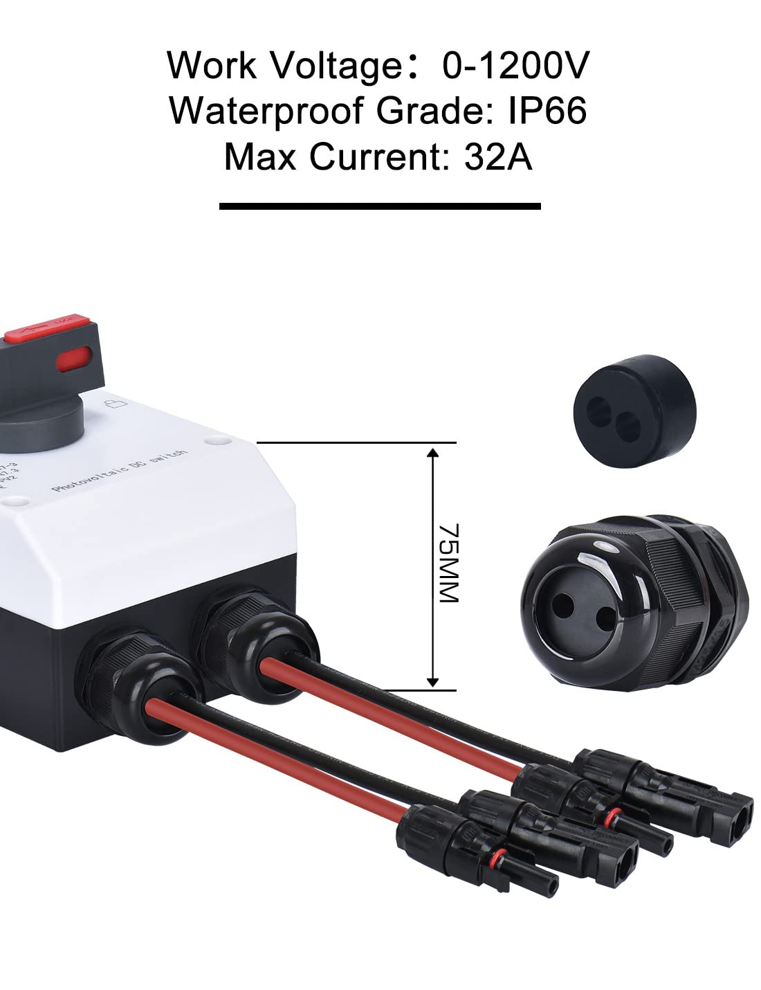 DC Trennschalter 2 Strings PV Anlage mit Generatoranschlusskasten Sicherungsautomat 32A IP66 Solar Trennschalter Anschlusskasten für Photovoltaik