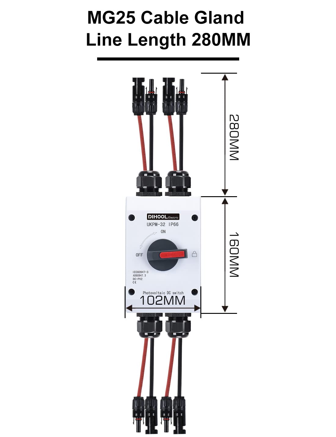 DC Trennschalter 2 Strings PV Anlage mit Generatoranschlusskasten Sicherungsautomat 32A IP66 Solar Trennschalter Anschlusskasten für Photovoltaik