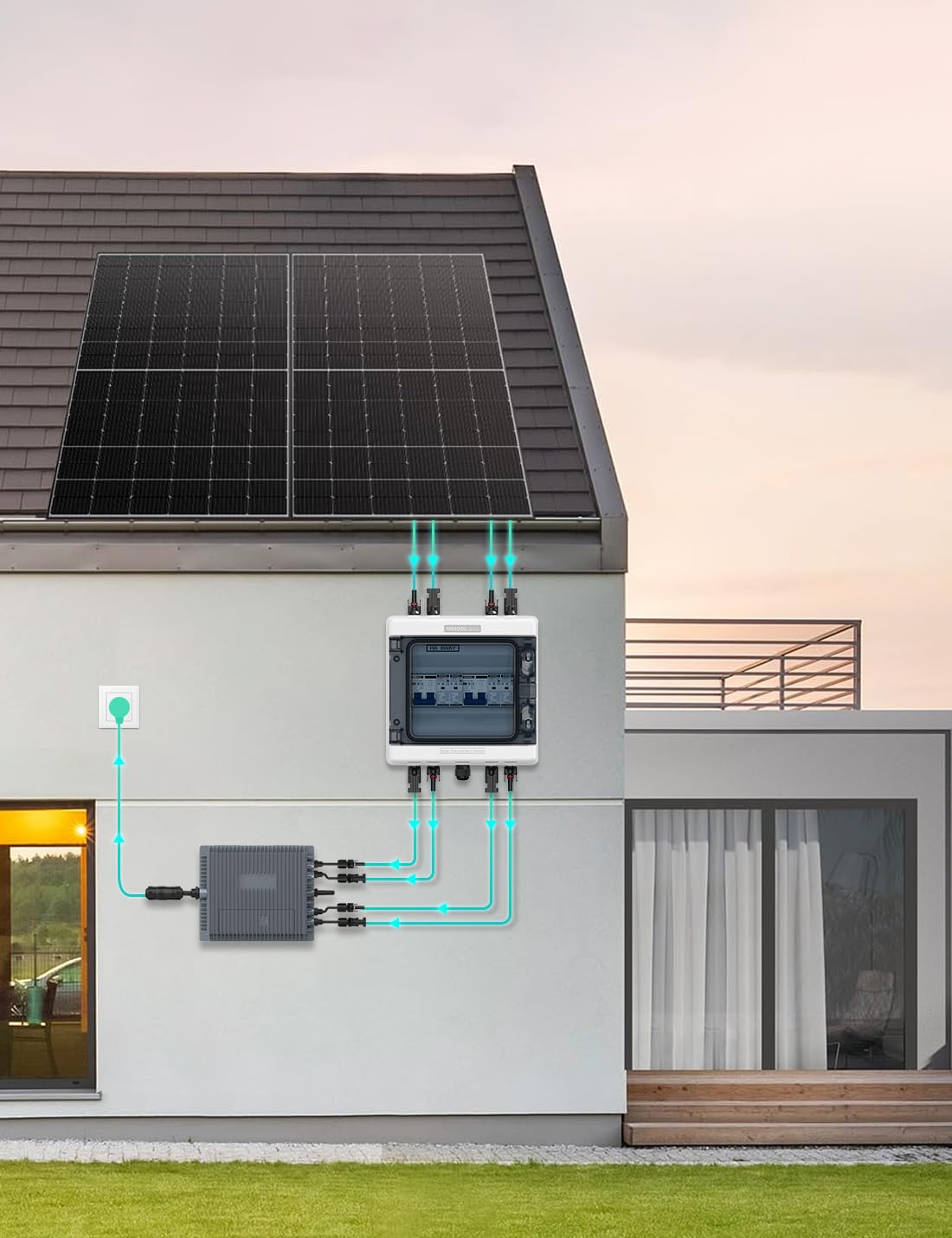 DC Überspannungsschutz PV Anlage 2 Strings Solar Anschlusskasten für 2 * 600W Solarmodule Balkonkraftwerk, DC Trennschalter 40A 1000V