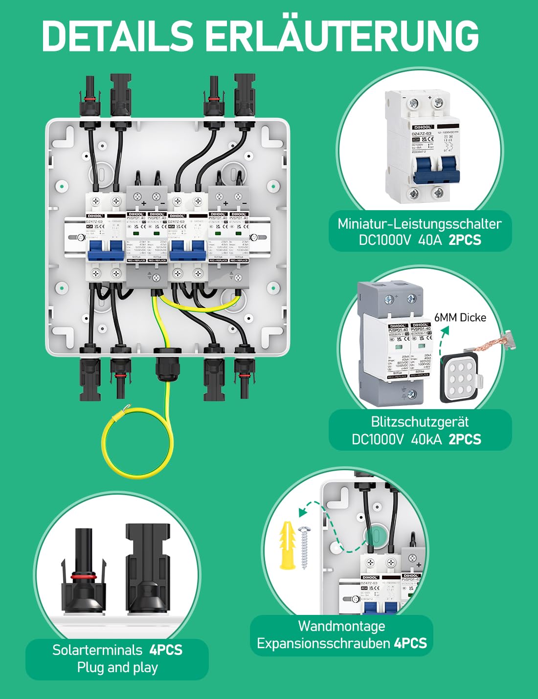 DC Überspannungsschutz PV Anlage 2 Strings Solar Anschlusskasten für 2 * 600W Solarmodule Balkonkraftwerk, DC Trennschalter 40A 1000V