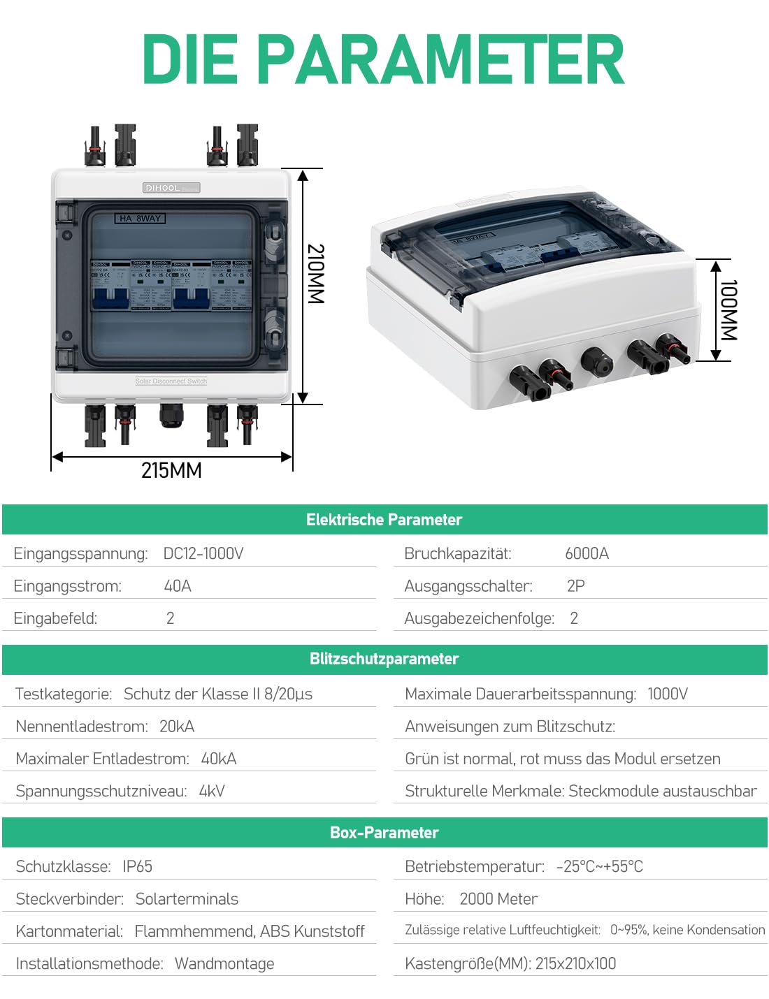 DC Überspannungsschutz PV Anlage 2 Strings Solar Anschlusskasten für 2 * 600W Solarmodule Balkonkraftwerk, DC Trennschalter 40A 1000V