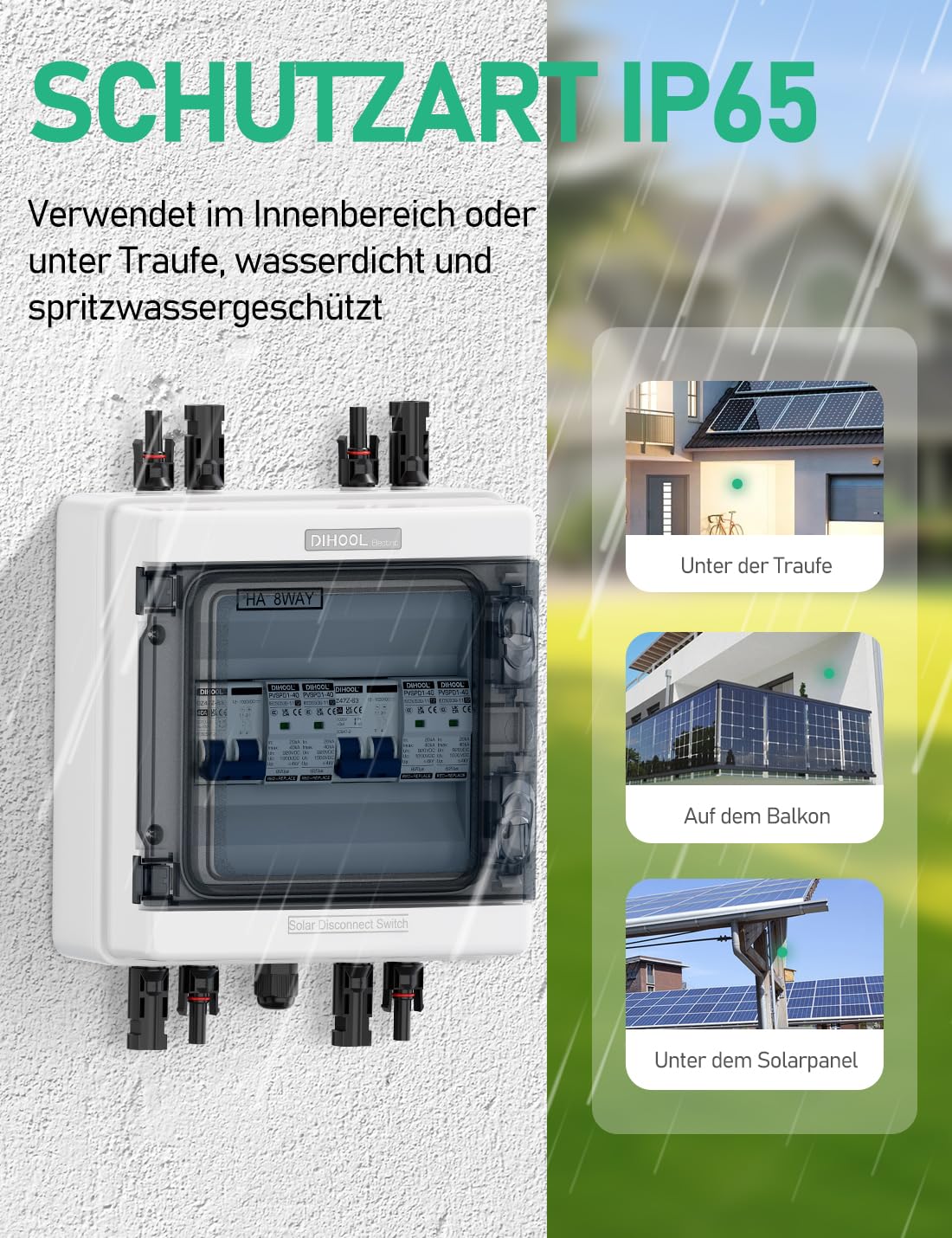 DC Überspannungsschutz PV Anlage 2 Strings Solar Anschlusskasten für 2 * 600W Solarmodule Balkonkraftwerk, DC Trennschalter 40A 1000V