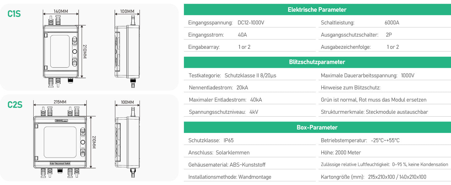 DC Überspannungsschutz PV Anlage Solar Anschlusskasten für 2 * 600W Solarmodule Balkonkraftwerk, DC Trennschalter 40A 1000V