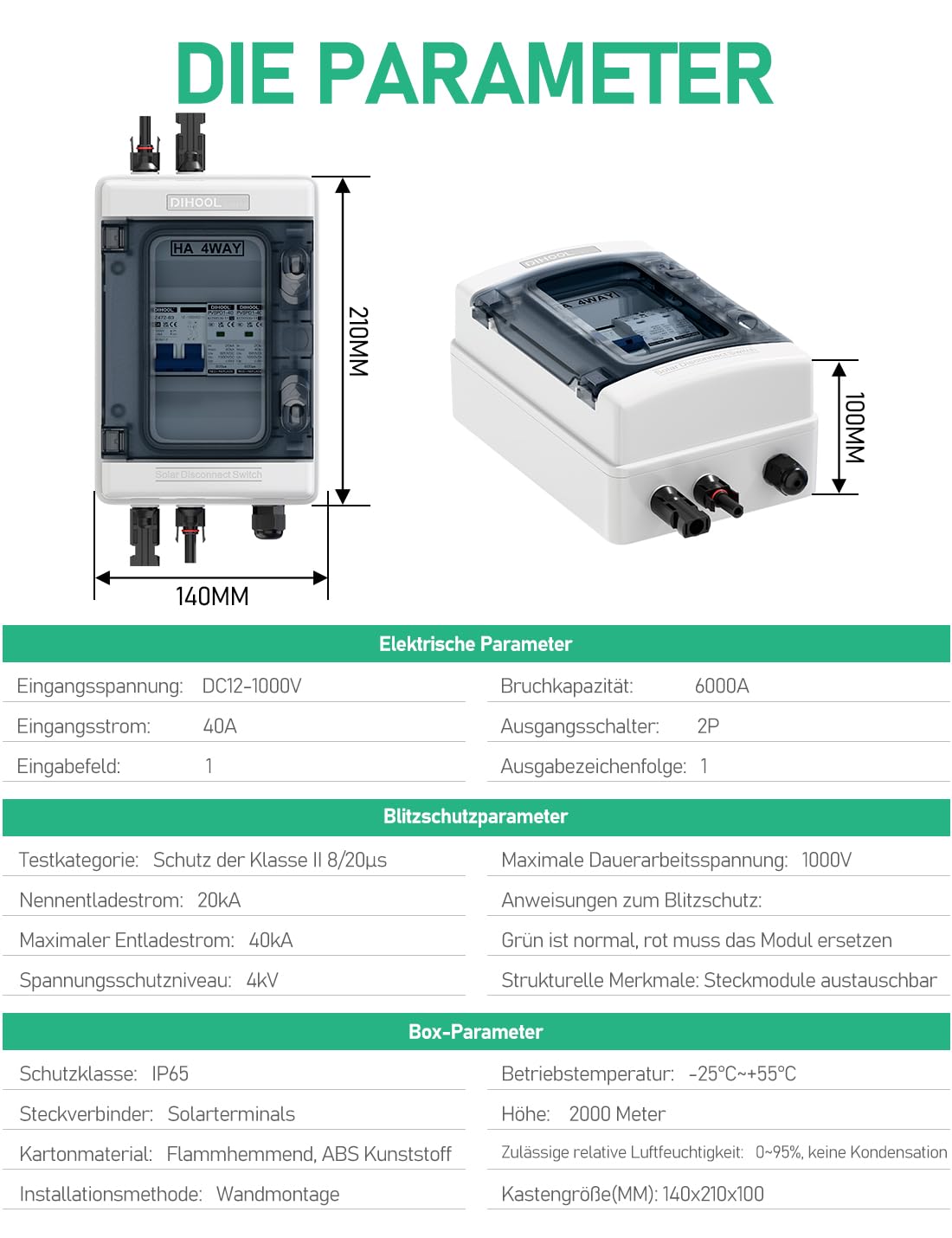 DC Überspannungsschutz PV Anlage Solar Anschlusskasten für 2 * 600W Solarmodule Balkonkraftwerk, DC Trennschalter 40A 1000V