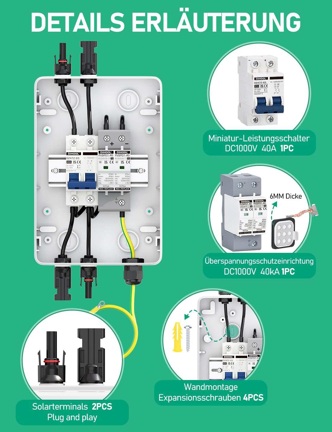 DC Überspannungsschutz PV Anlage Solar Anschlusskasten für 2 * 600W Solarmodule Balkonkraftwerk, DC Trennschalter 40A 1000V