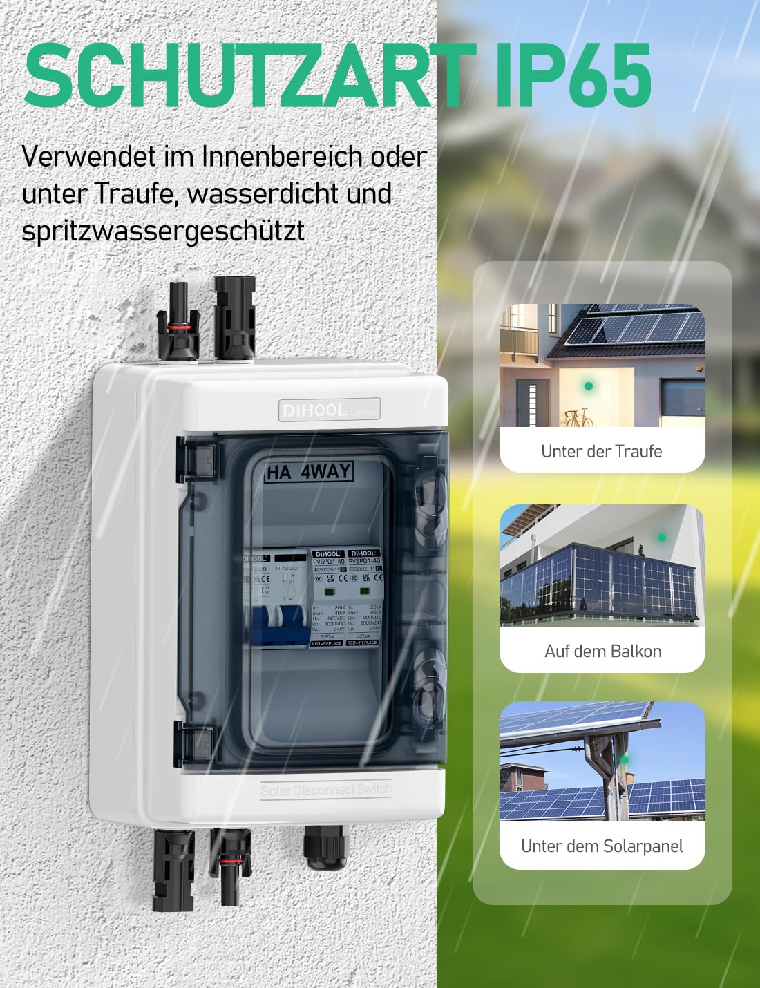 DC Überspannungsschutz PV Anlage Solar Anschlusskasten für 2 * 600W Solarmodule Balkonkraftwerk, DC Trennschalter 40A 1000V