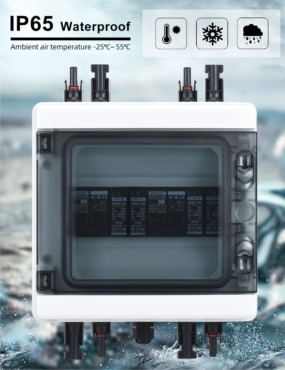 DC Überspannungsschutz PV Anlage 2 Strings Solar Anschlusskasten für 2 * 600W Solarmodule Balkonkraftwerk, 40A 1000V DC Trennschalter