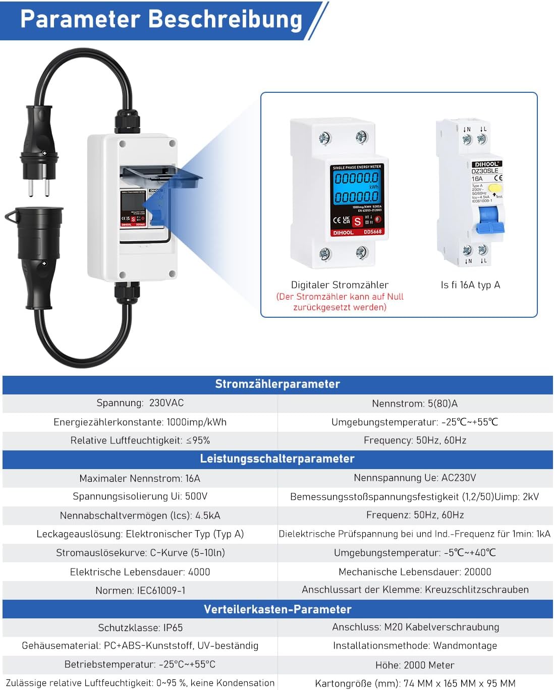 Mobiler Digitaler Stromzähler Für Steckdose 80A 230V Mit Typ A fi ls Schutzschalter 16A und Schuko Stecker Ip65 Stromverbrauchsmesser