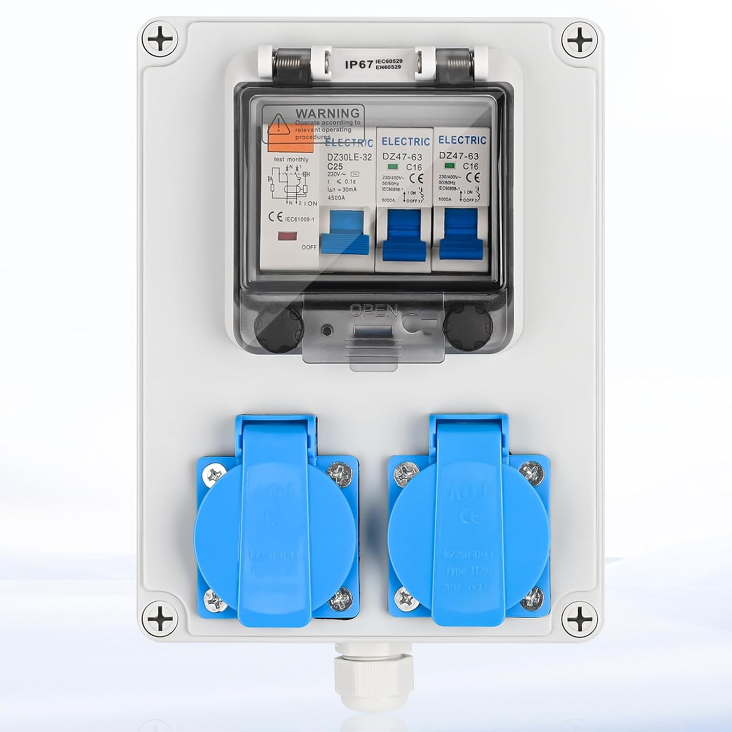 Baustromverteiler Vorverkabelt Stromverteiler, 2x 230V Schuko Steckdosen, Wandverteiler mit 1x FI-Schalter 25A + 2x LS Schalter 16A 1P, IP67 Wasserdicht Gehäuse für Innen und Außen