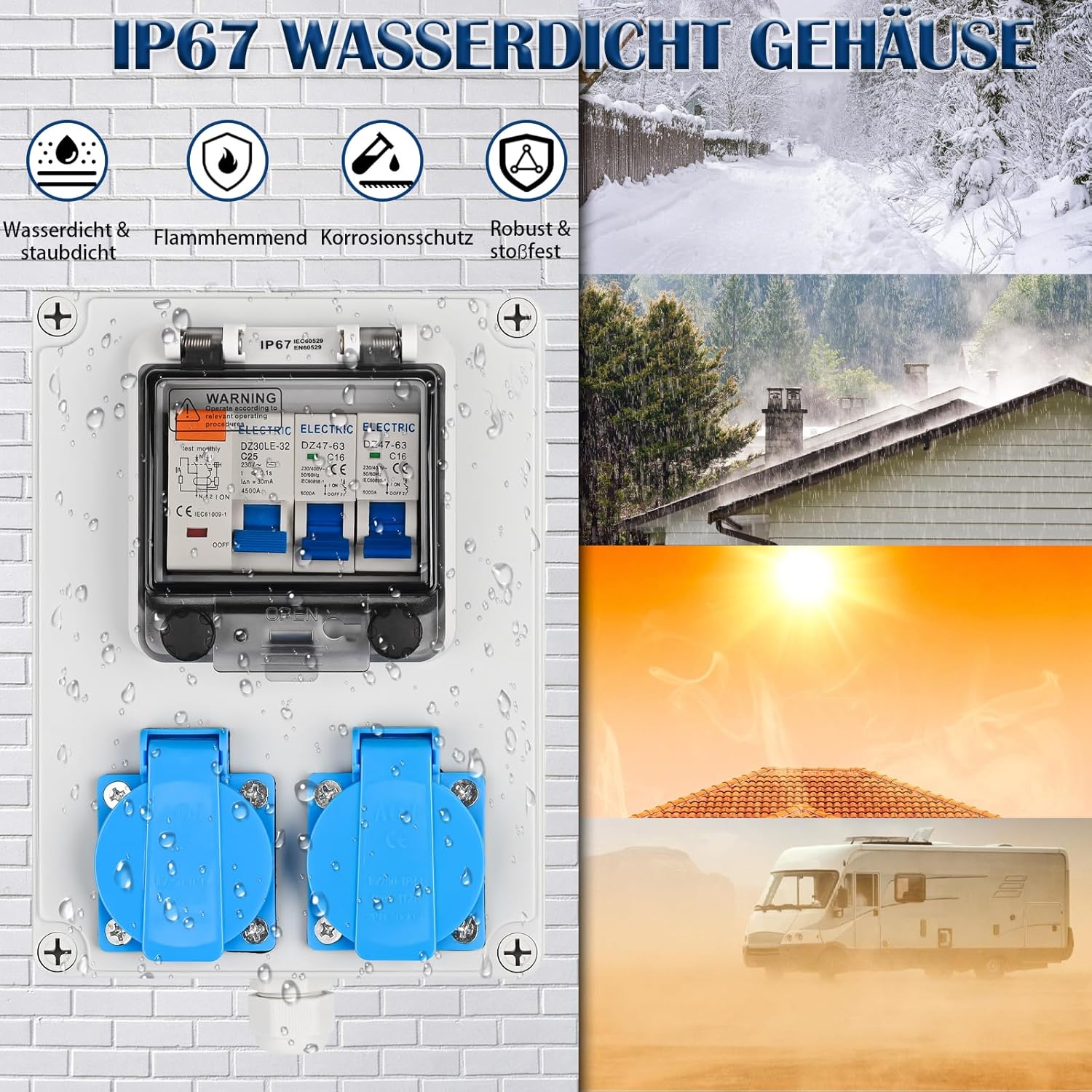 Baustromverteiler Vorverkabelt Stromverteiler, 2x 230V Schuko Steckdosen, Wandverteiler mit 1x FI-Schalter 25A + 2x LS Schalter 16A 1P, IP67 Wasserdicht Gehäuse für Innen und Außen