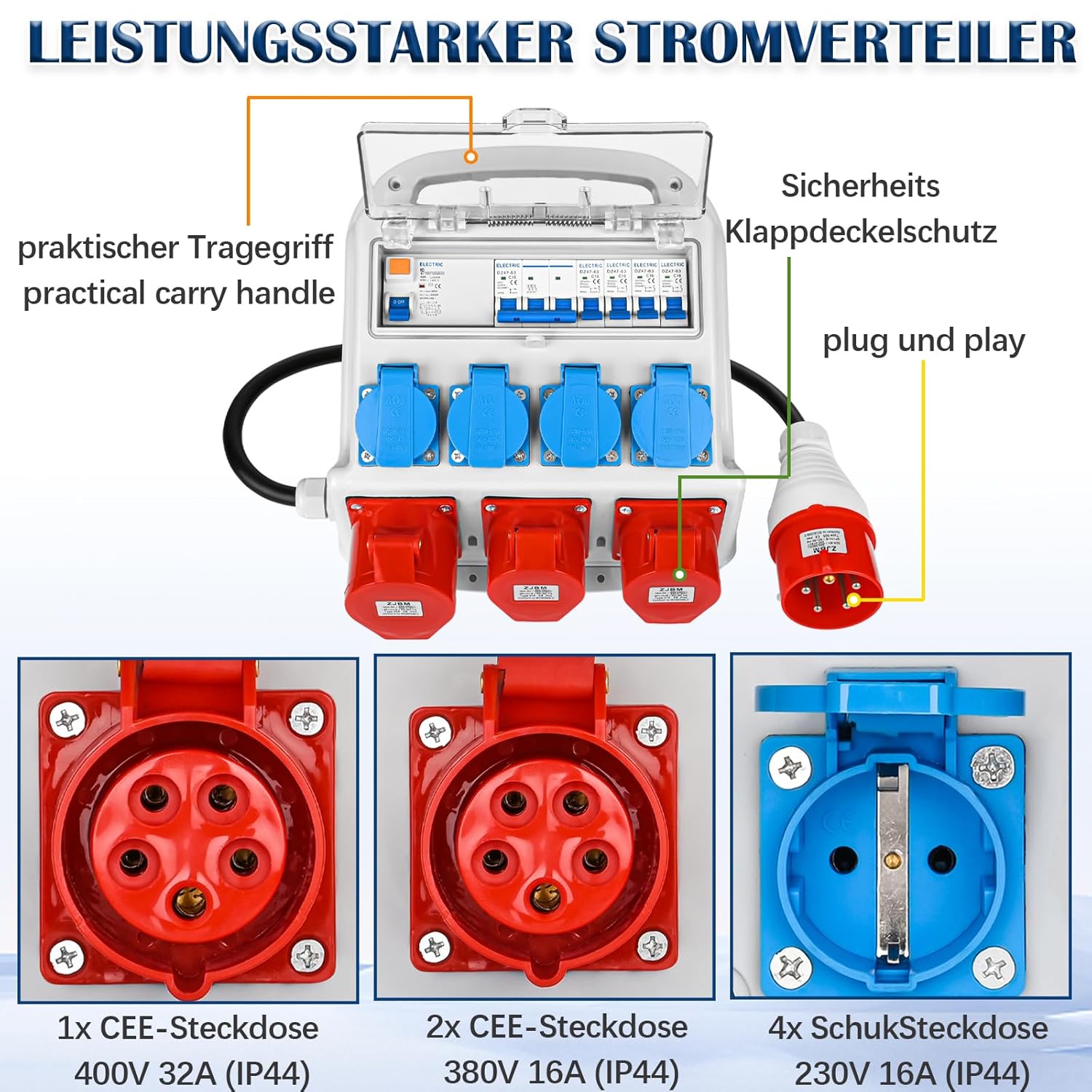 Wandverteiler Vorverkabelt Stromverteiler, 4x 230V Schuko Steckdosen + 2x CEE 16A + 1x CEE 32A, Baustromverteiler mit FI-Schalter und LS Schalter, IP67 Wasserdicht Gehäuse für Innen und Außen