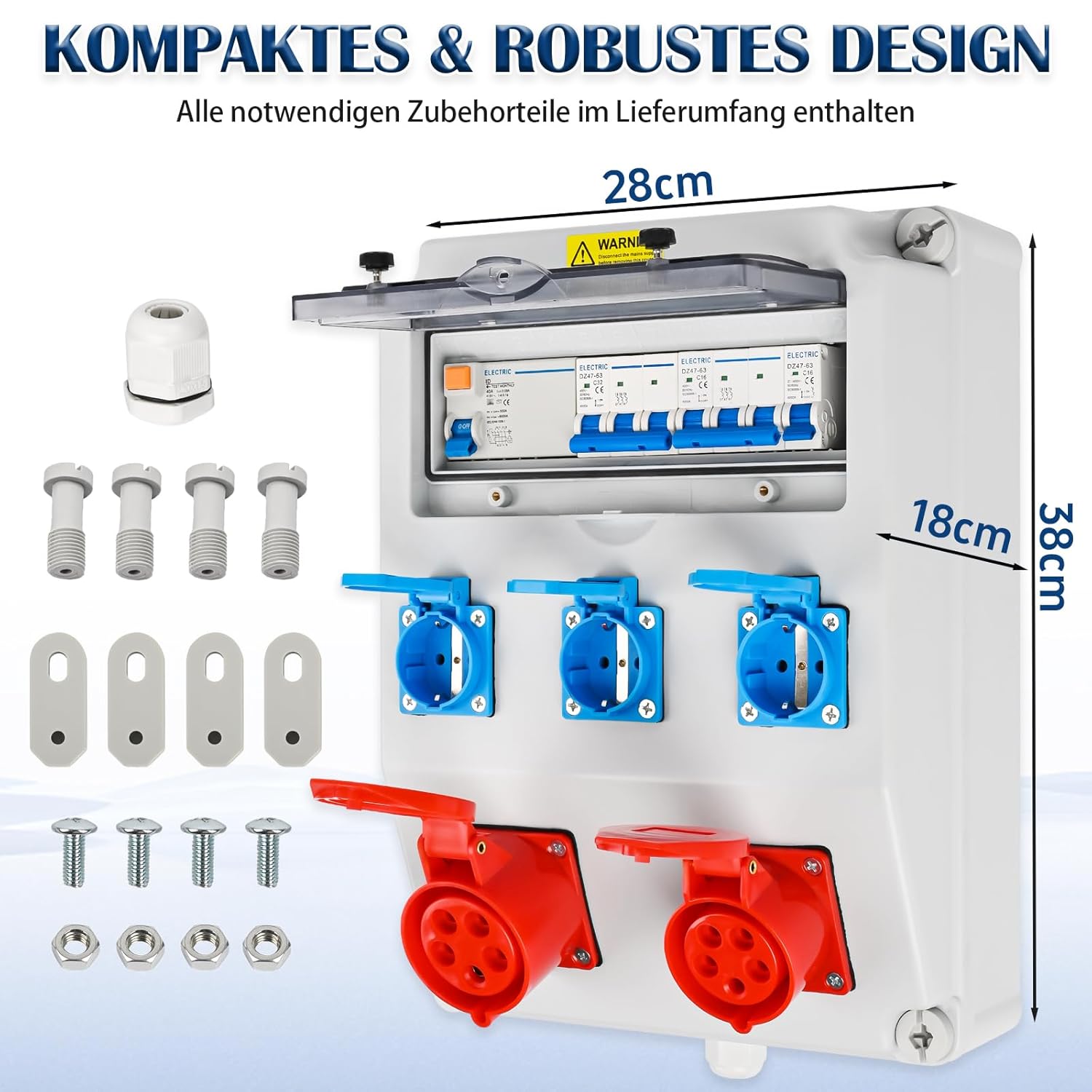 Wandverteiler Vorverkabelt Stromverteiler, 3x 230V Schuko Steckdosen + 1x CEE 16A & 32A, Baustromverteiler mit FI-Schalter und LS Schalter, IP67 Wasserdicht Gehäuse für Innen und Außen